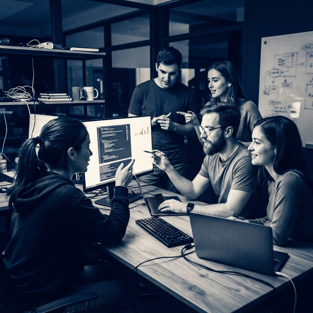 Duotone photograph of a Clifftech engineering team collaborating